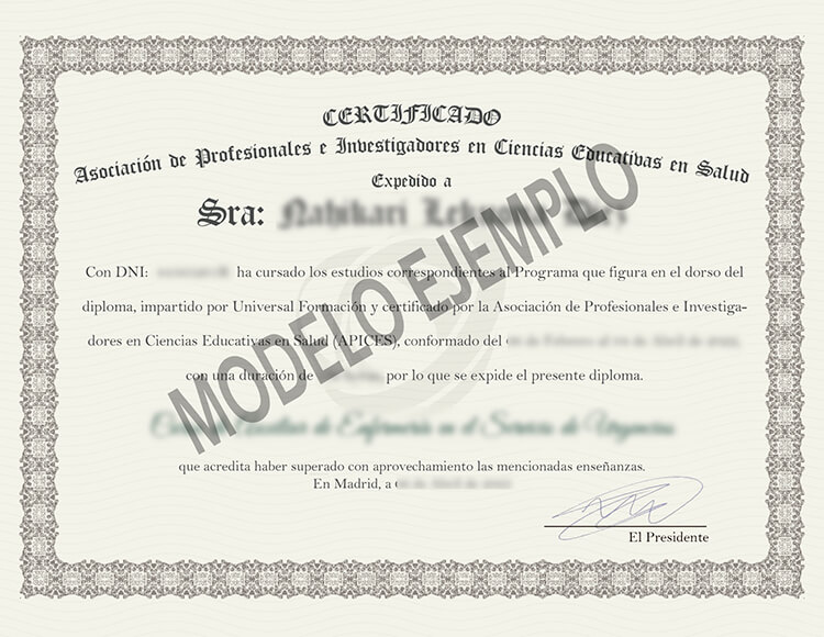 Modelo del certificado delantero APICES